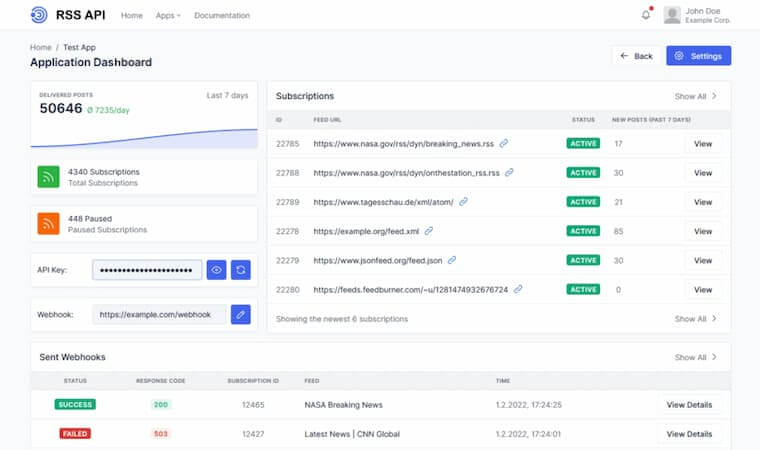 Screenshot of the RSS API Application Dashboard